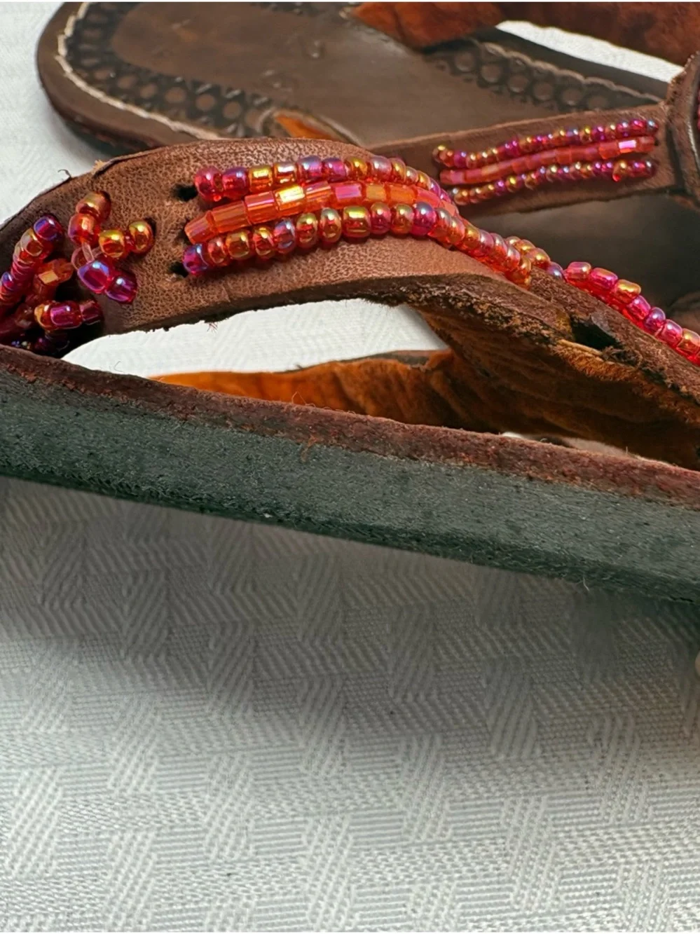 Adorable Bohemian Little Girls Brown Leather Beaded Toe-Post Sandals Boho Hippie